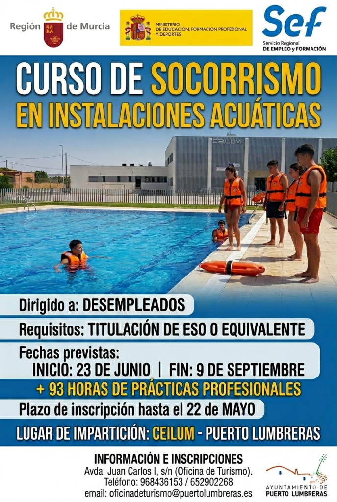 El Ayuntamiento de Puerto Lumbreras y el SEF colaboran en la impartición del Curso de Socorrismo en Instalaciones Acuáticas